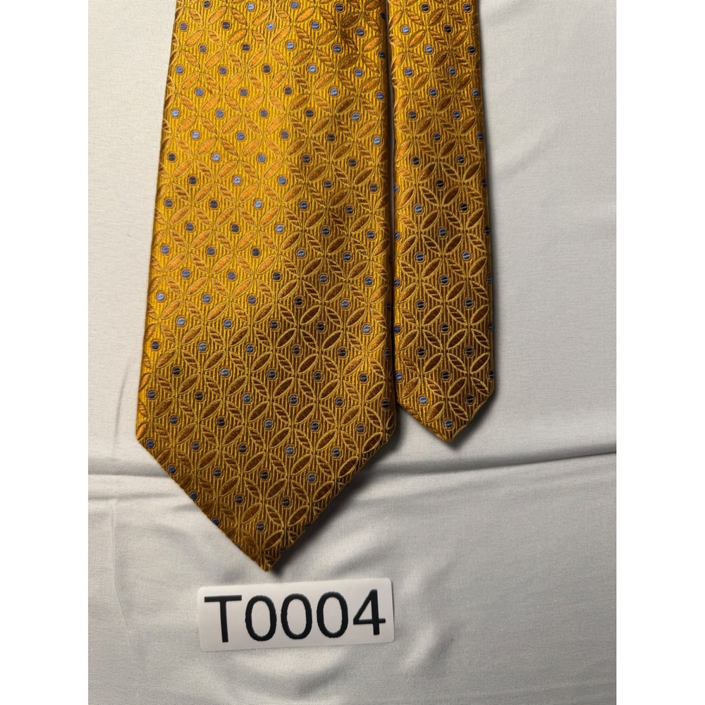 Robert Talbott Chelsea Gold Geometric Blue Dot Silk Tie Handsewn USA Mens 4x58